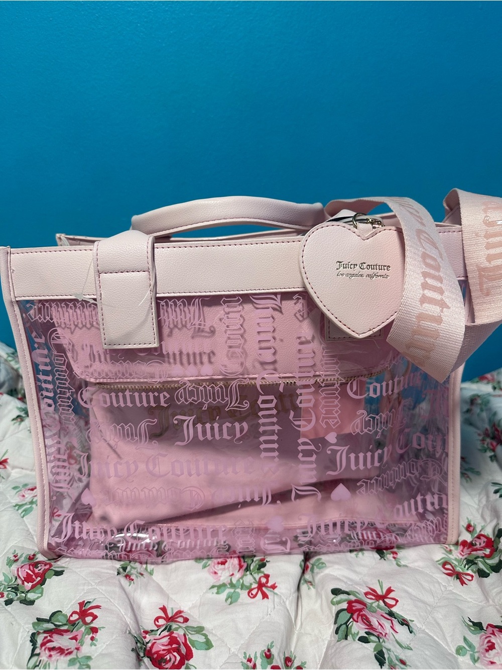 Juicy Couture Pink Clear Tote Bag with Heart Charm and interior pouch
